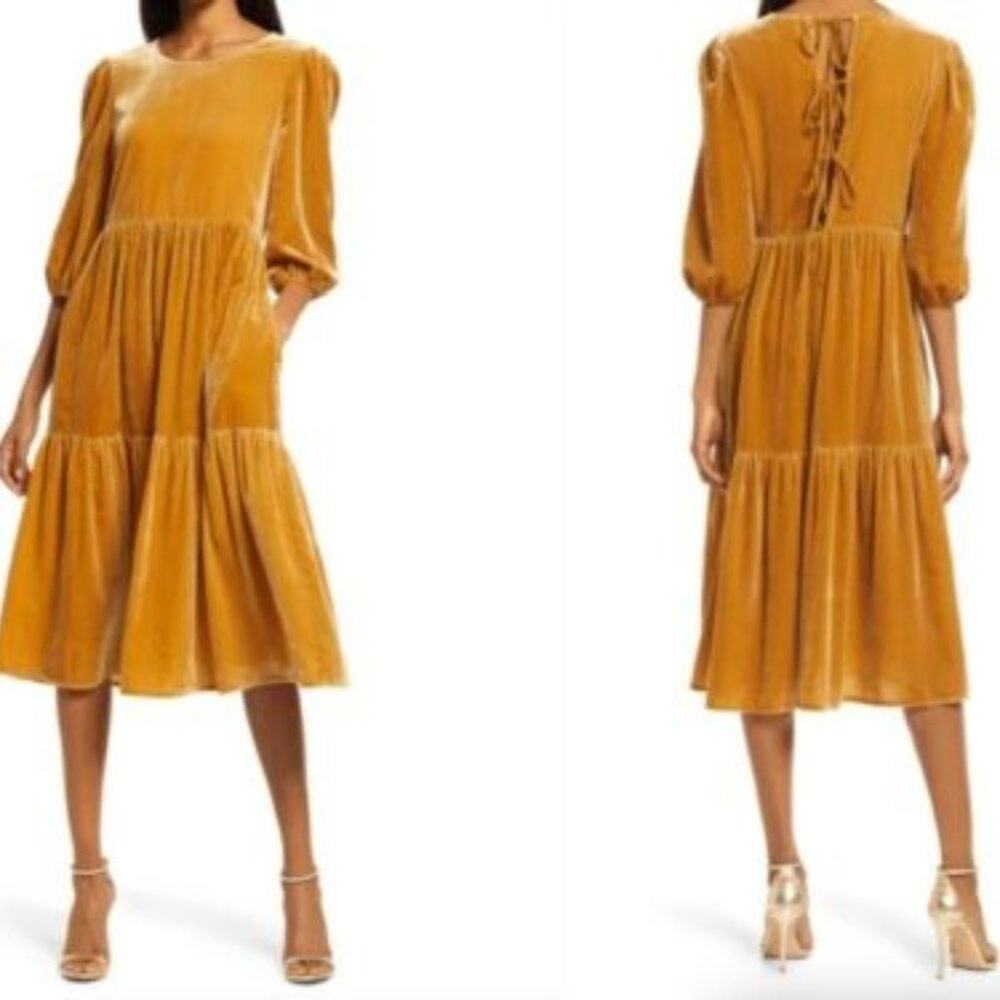 NWT Charles Henry Gold Velvet Tie Back Loose-Fitting Midi Dress Size Small